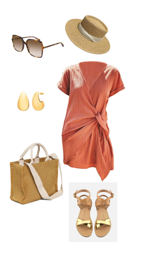 a dress, earrings, sunglasses, a bag, a hat and shoes